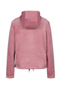 Fleece bunda, měkká růžová, s kapucí, dlouhé rukávy, stahovací šňůrka na spodním lemu, s hladkou texturou a minimalistickým stylem.