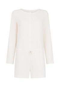 Mono de tela blanca con textura acanalada, mangas largas, frontal de botones y cintura con cordón. Suave al tacto, con un ajuste relajado y piernas cortas.