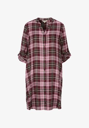 Langærmet, knap-op skjorte i burgundy ternet mønster med lyserøde og grønne accenter. Har en udskåren krave og optrukne ærmer. Lavet af blødt stof.