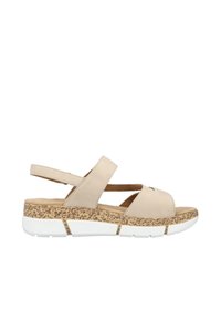 Sandale beige à bout ouvert avec larges lanières, semelle matelassée à texture liège et semelle extérieure en caoutchouc blanc segmentée.
