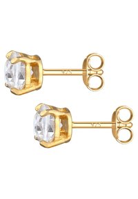Cercei din argint sterling placati cu aur, cu un gemstone clar, fatetat, montat cu prindere în prong, dotati cu două inchizatori tip fluture.