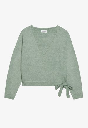Grønn omslagsgenser i mykt strikkemateriale med V-hals, lange ermer og knytedetalj i midjen. Glatt tekstur, kort design.