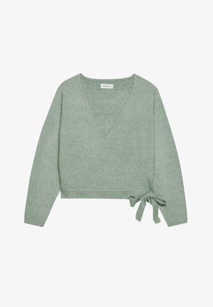 Grønn omslagsgenser i mykt strikkemateriale med V-hals, lange ermer og knytedetalj i midjen. Glatt tekstur, kort design.