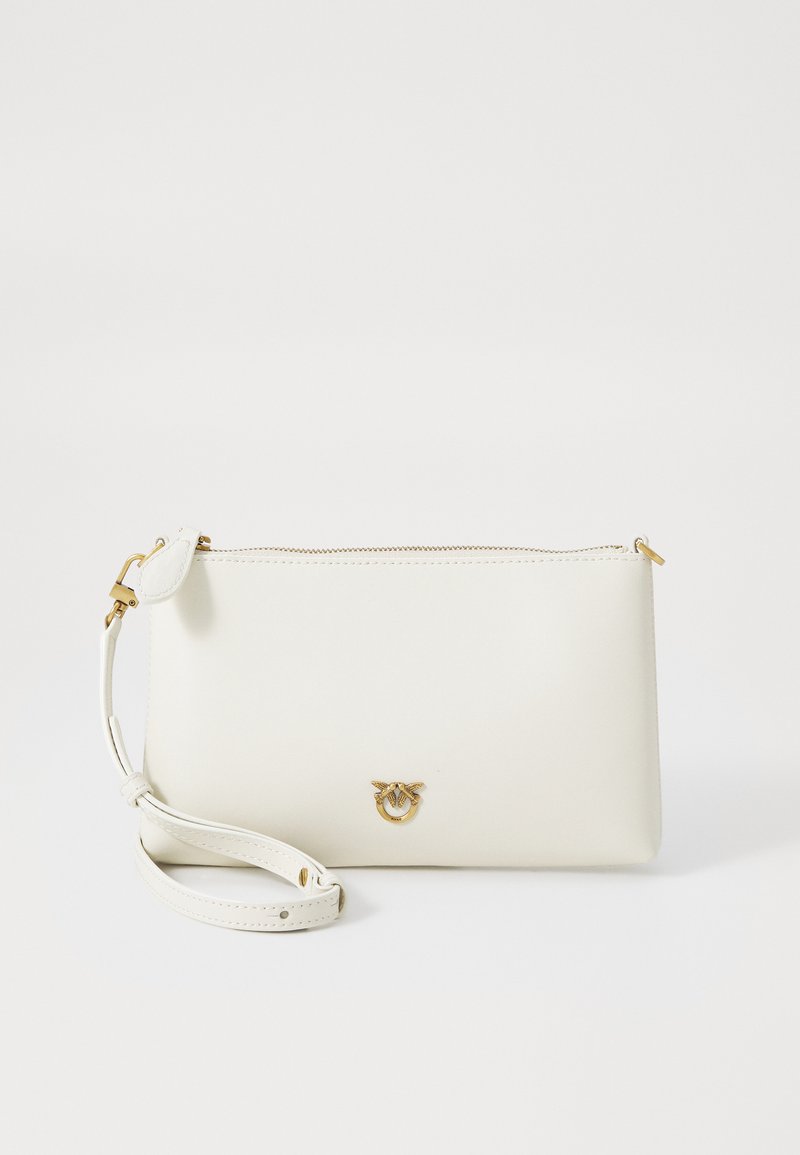 White leather clutch bag with a textured finish, gold zipper, and hardware accents. Features a detachable shoulder strap.