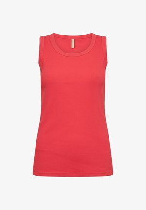 Rankovių koralinės raudonos spalvos megztukas be rankovių, pasižymintis apvalia iškirpte ir tiesia apačia.