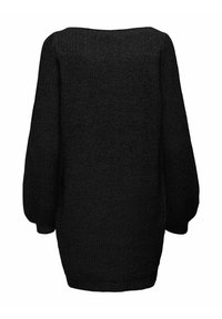 Maglione nero a maglia con vestibilità ampia, scollo largo e lunghe maniche a palloncino, caratterizzato da un motivo a coste testurizzato su tutta la superficie.
