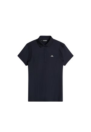 Navy polo shirt made of soft fabric, featuring a classic collar, three-button placket, and a small white logo on the left chest. Short sleeves.