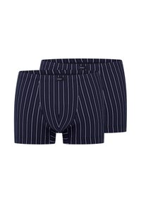 Zwei-Paar marineblaue gestreifte Boxershorts mit weißen Pinstripes, elastischem Bund und einem konturierten Beutel für mehr Komfort.