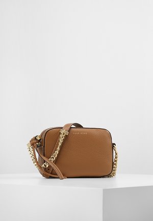 Brown leather crossbody bag with gold chain strap and Hugo Boss logo on front, placed on a white surface against a plain background.