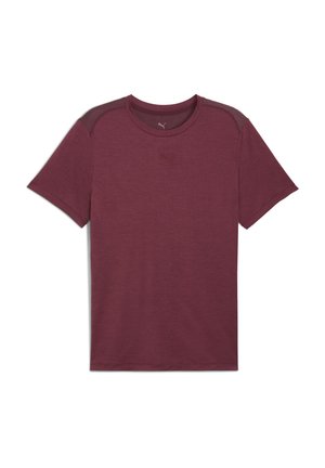 Bordeaux kortærmet T-shirt lavet af blødt stof, med flade sømme, rund halsudskæring og et subtilt logo på brystet.