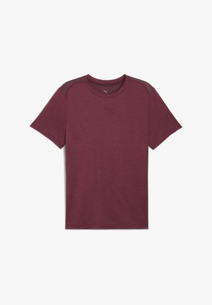 Bordeaux kortærmet T-shirt lavet af blødt stof, med flade sømme, rund halsudskæring og et subtilt logo på brystet.