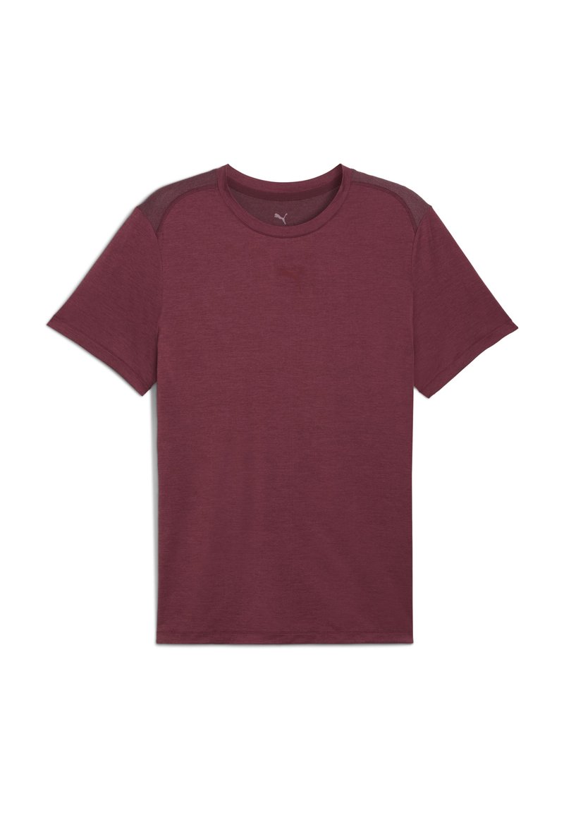 Bordeaux kortærmet T-shirt lavet af blødt stof, med flade sømme, rund halsudskæring og et subtilt logo på brystet.