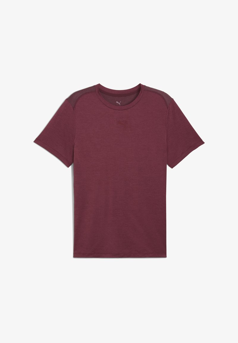 T-shirt bordeaux a maniche corte realizzato in morbido tessuto, con cuciture piatte, scollo rotondo e un logo discreto sul petto.