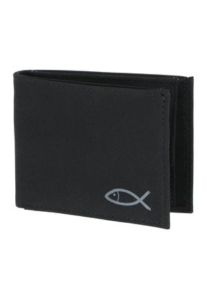 Portefeuille noir bifold avec un petit symbole de poisson argenté embossé dans le coin inférieur droit du panneau avant.