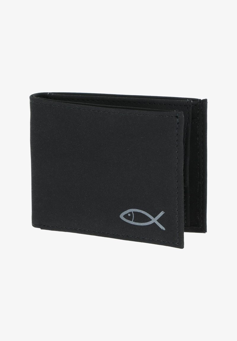 Portefeuille noir bifold avec un petit symbole de poisson argenté embossé dans le coin inférieur droit du panneau avant.
