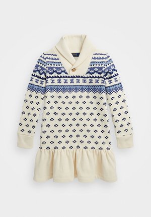 Sukienka dzianinowa w kolorze kremowym, z niebieską i granatową wzorzystą yoke, długimi rękawami, zapięciem na guziki przy kołnierzyku oraz rozkloszowaną, warstwową spódnicą.