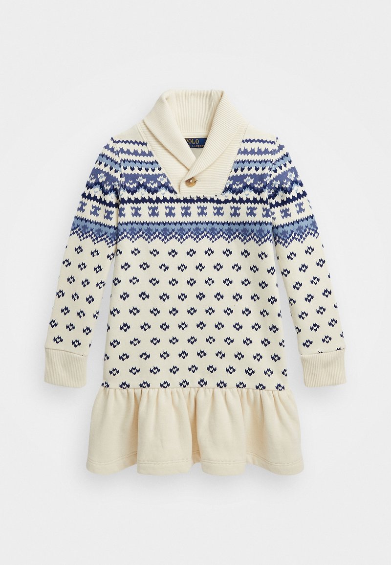 Vestido de punto en color crema, con un yugo estampado en azul y marino, mangas largas, cuello abotonado y una falda acampanada con volantes.