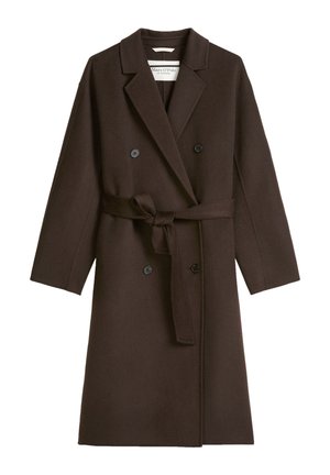 Long dark brown double-breasted wool coat with wide lapels, black buttons, and waist belt tied in a knot.
