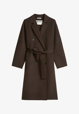Long dark brown double-breasted wool coat with wide lapels, black buttons, and waist belt tied in a knot.