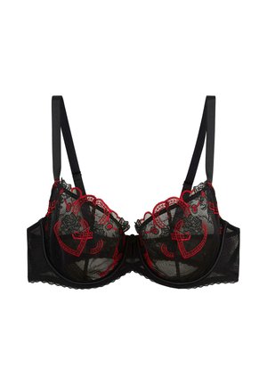 Soutien-gorge noir transparent avec armatures et broderies rouges florales et en forme de cœur, avec bretelles réglables.