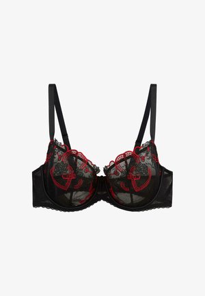 Reggiseno nero trasparente con ferretto e ricami rossi a forma di fiori e cuori, dotato di spalline regolabili.