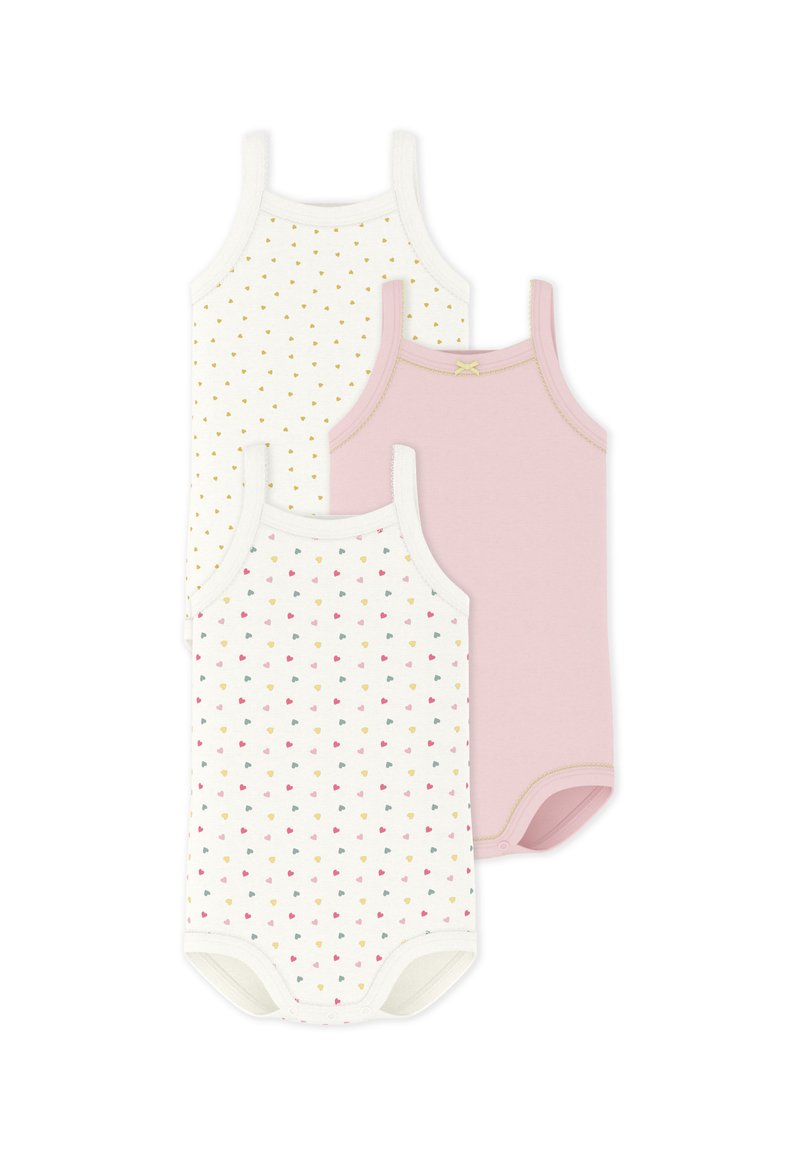 Τρία κορμάκια τύπου tank: ένα λευκό με μικρές χρυσές καρδιές, ένα λευκό με πολύχρωμες καρδιές και ένα απλό ροζ; όλα με απαλό ύφασμα και κουμπώματα με τρουκς.