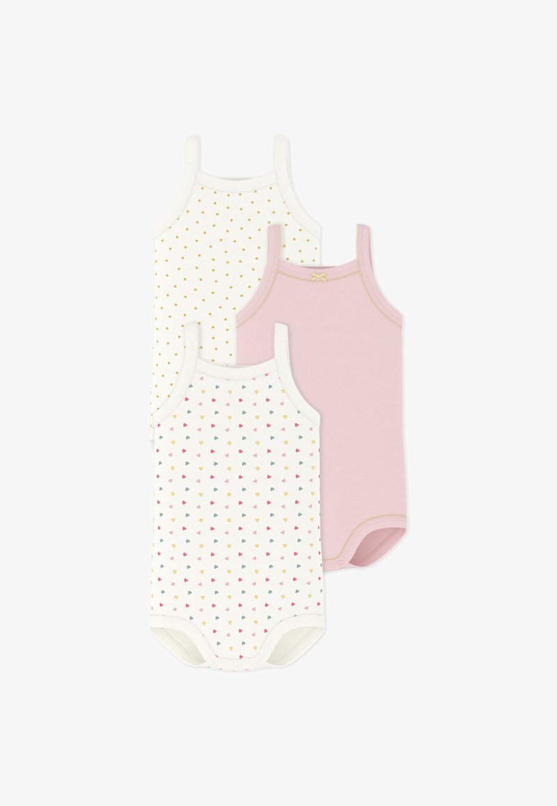 Τρία κορμάκια τύπου tank: ένα λευκό με μικρές χρυσές καρδιές, ένα λευκό με πολύχρωμες καρδιές και ένα απλό ροζ; όλα με απαλό ύφασμα και κουμπώματα με τρουκς.