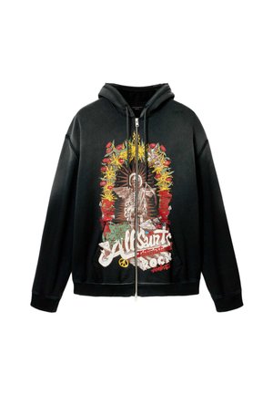Black zip-up hoodie with colorful graphic of an angel surrounded by red and yellow flowers and "AllSaints Rock" text on front.