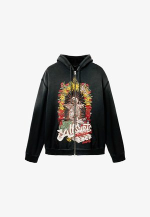 Czarna bluza z kapturem na suwak z kolorową grafiką anioła otoczonego czerwonymi i żółtymi kwiatami oraz napisem „AllSaints Rock” na przodzie.