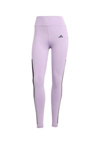 Leggings de sport violets avec une taille haute, un tissu extensible, des bandes latérales noires et le logo Adidas à l'avant.
