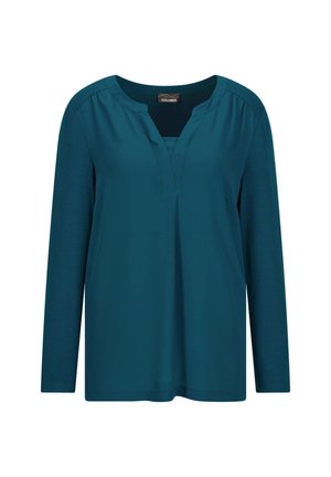 Lange mouw teal blouse met een V-hals split kraag en een losse pasvorm, weergegeven op een witte achtergrond.