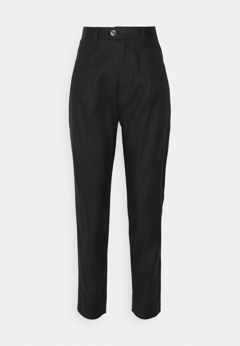 Pantalon noir taille haute fuselé avec fermeture à boutons, passants de ceinture et poches latérales sur un fond clair uni.