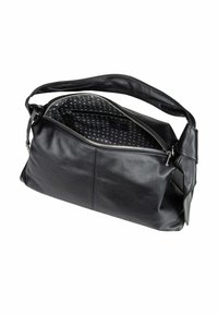 Sac en cuir noir avec une large bandoulière, fermeture éclair ouverte révélant une doublure intérieure noire ornée de petites formes blanches.