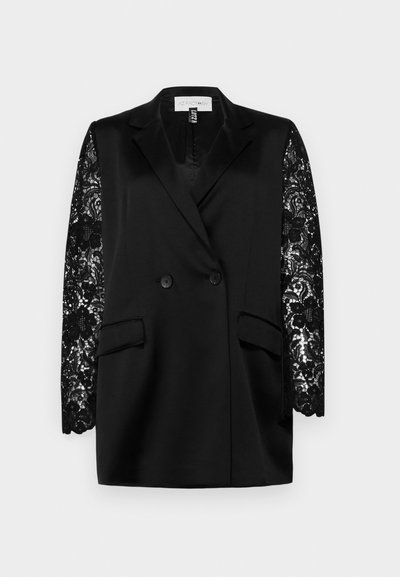 Black blazer with double-breasted closure and two front pockets; features long lace sleeves with floral pattern. Smooth satin texture.