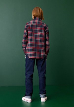 Chemise à carreaux rouge, bleu marine et blanc, assortie à un jean en denim noir. Baskets blanches avec des accents rouges. Fond uni vert.