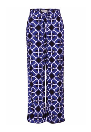 Modré kalhoty se vzorem s geometrickým designem, černobílými akcenty, elastickým pasem a širokým střihem nohavic. Měkká textura látky.