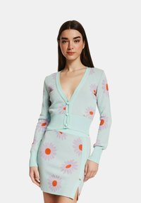 Cardigan verde menta con scollatura a V profonda, maniche lunghe e motivi di margherite bianche e arancioni. Presenta bottoni frontali e orlo aderente.