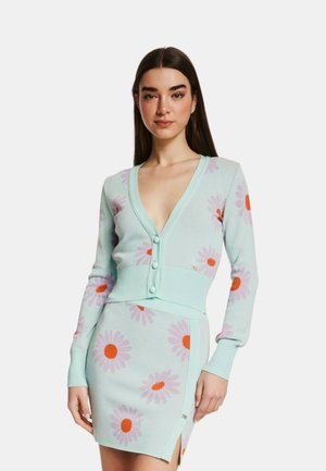 Cardigan verde menta con scollatura a V profonda, maniche lunghe e motivi di margherite bianche e arancioni. Presenta bottoni frontali e orlo aderente.