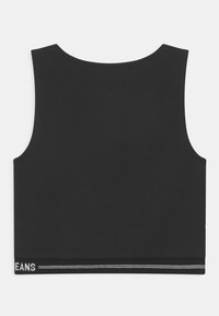 Svart ärmlös crop top med rund halsringning. Elastisk band i nederkant med "JEANS" i vitt, med subtila vita sömnadsdetaljer.