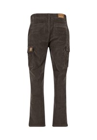 Spodnie cargo z kordurowego materiału w ciemnoszarym kolorze, z prostą nogawką, wieloma bocznymi kieszeniami oraz skórzaną naszywką z logo na pasie.
