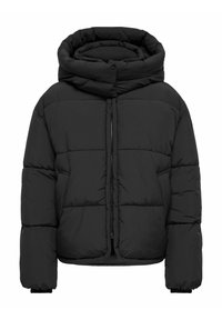 Zwarte donzen jas met een hoge, opvouwbare capuchon, doorgestikt ontwerp en zijzakken. Voorzien van een ritssluiting aan de voorkant en elastische manchetten.