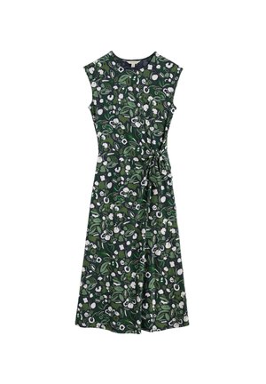 Ujjatlan sötétzöld ruha fehér és zöld virágmintával, oldalt megkötős derékrésszel.