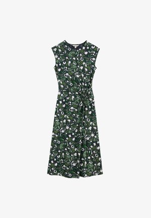 Haljina tamnozelene boje bez rukava s bijelim i zelenim cvjetnim uzorkom te detaljem s vezanjem sa strane u struku.