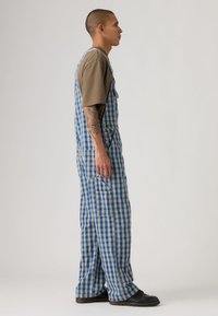 Ολόσωμη φόρμα από βαμβάκι με καρώ μπλε και λευκό μοτίβο, ρυθμιζόμενους ιμάντες, πλαϊνές τσέπες και ίσια μπατζάκια, φορεμένη πάνω από καφέ μπλουζάκι.