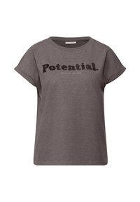 Grå kortärmad t-shirt med texten "Potential." i glittrande svart stil och en subtil tagline nedanför, i mjukt bomullsmaterial, avslappnad passform.