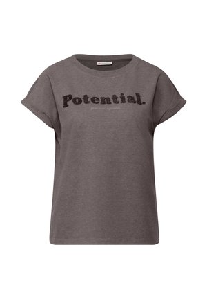 Harmaa lyhythihainen t-paita, jossa on "Potential." kimaltavalla mustalla fontilla ja hillitty alateksti. Pehmeää puuvillamateriaalia, rento malli.