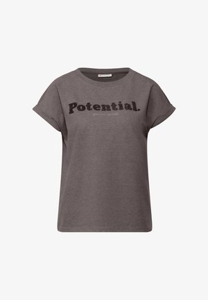 Szara koszulka z krótkim rękawem z napisem "Potencjał." w błyszczącym czarnym foncie oraz subtelnym hasłem poniżej, wykonana z miękkiej bawełny, o luźnym kroju.