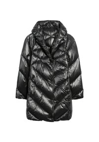 Czarna kurtka puchowa o błyszczącej powierzchni, z wzorem w zygzak, dużym kołnierzem i zapięciem na zatrzaski. Krótkie, szerokie rękawy.