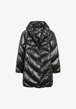 Czarna kurtka puchowa o błyszczącej powierzchni, z wzorem w zygzak, dużym kołnierzem i zapięciem na zatrzaski. Krótkie, szerokie rękawy.
