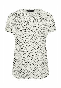 Blusa bianca a maniche corte con scollo a V, pois neri e vestibilità ampia. Realizzata in tessuto leggero con una texture morbida.